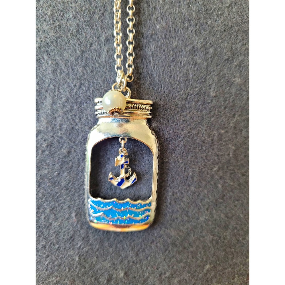 Silver Tone Blue Enamel Nautical Jar/Bottle Charm Pendant Necklace 18in Lobster